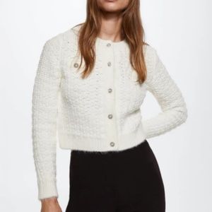 Mango Knitted Cardigan with Jewel Buttons, Ivory, Size Large (NWT)